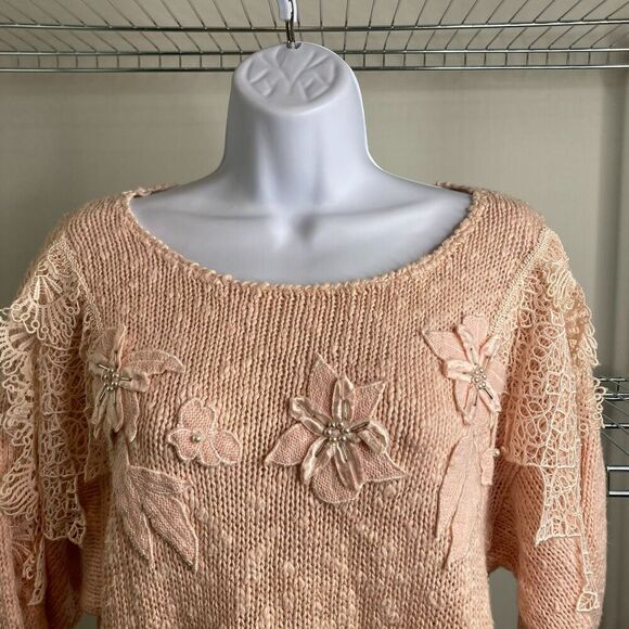 Bonnie & Bill Vintage Pink Embroidered Flowers Lace Appliqué Sweater Size S - Picture 7 of 13